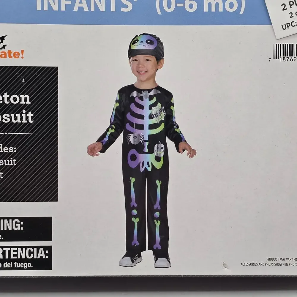 Way to Celebrate Infant Skeleton Jumpsuit Halloween Costume Colorful Hat 0-6M